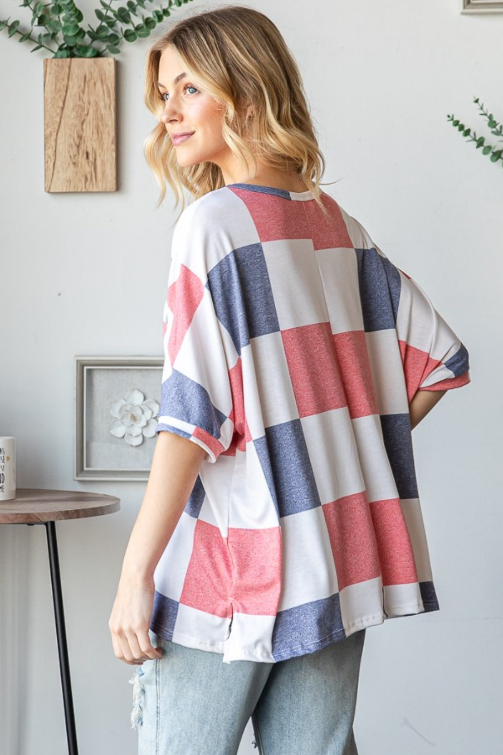 HOPELY Checkered Round Neck Half Sleeve T-Shirt *