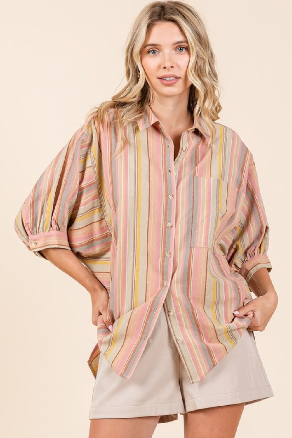 Mittoshop Striped Bubble Sleeve Button Down Shirt *