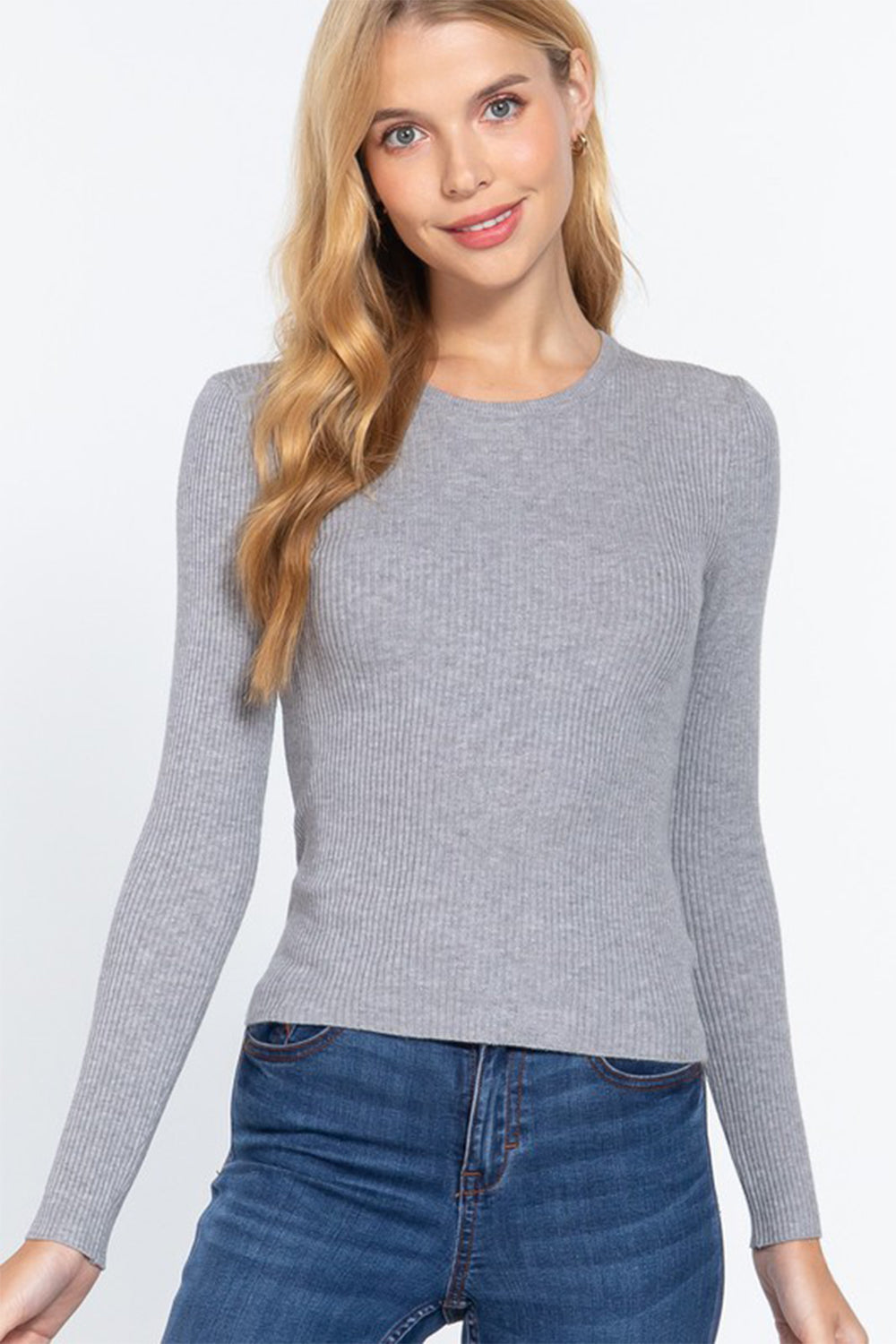 ACTIVE BASIC Full Size Ribbed Round Neck Long Sleeve Knit Top *