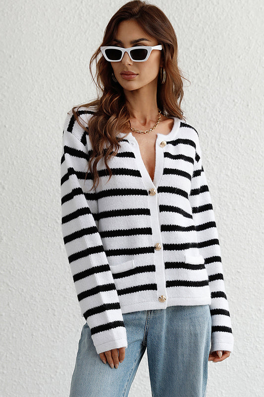 Striped Button Down Long Sleeve Cardigan