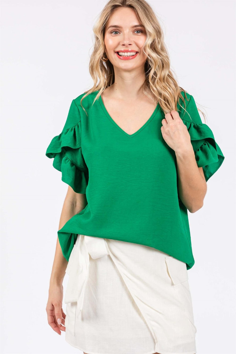 GeeGee Ruffled Short Sleeve V-Neck Blouse *