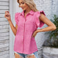 Ruffled Pocketed Collared Neck Cap Sleeve Denim Top