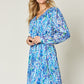 Double Take Full Size Printed Drawstring Waist Long Sleeve Dress