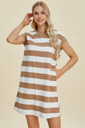 Basic Bae Full Size Striped Round Neck Cap Sleeve Mini Dress *