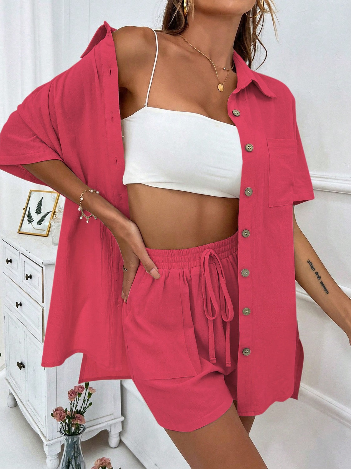 Button Up Half Sleeve Top and Shorts Set