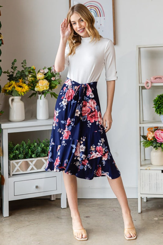 Reborn J Floral Wrap Ruffled Navy Blue Skirt