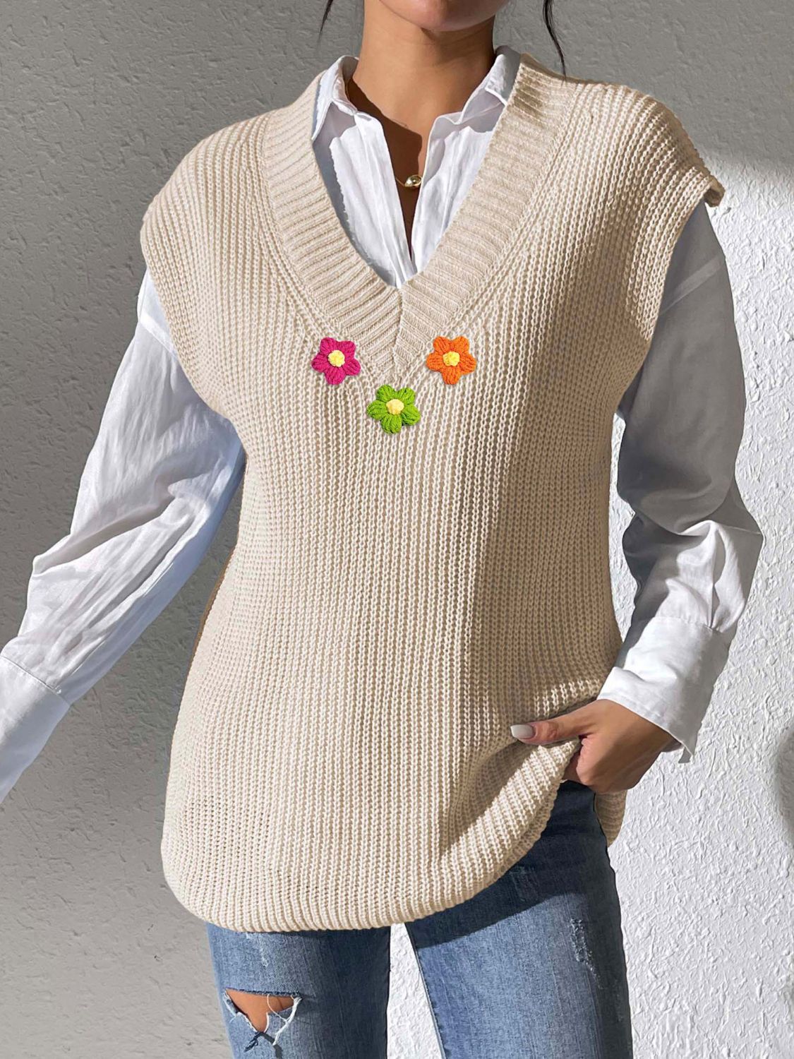 Flower V-Neck Sweater Vest