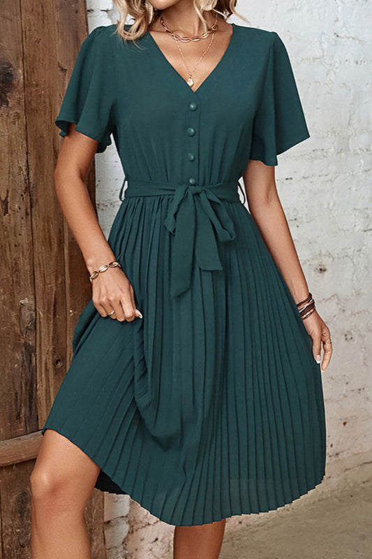 Buttoned V-Neck Flutter Sleeve Pleated Dress