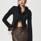 Tied Fuzzy Trim Long Sleeve Knit Cardigan