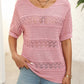 Openwork Round Neck Half Sleeve Knit Top