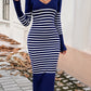 Striped V-Neck Long Sleeve Sweater Dress