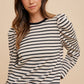 Annie Wear Striped Round Neck Puff Sleeve French Terry Top