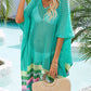 Slit Openwork V-Neck Half Sleeve Cover-Up