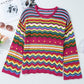Openwork Contrast Round Neck Flare Sleeve Knit Top