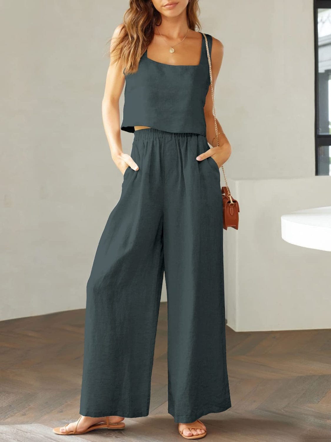 Full Size Square Neck Top and Wide Leg Pants Set