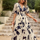 Smocked Printed V-Neck Half Sleeve Midi Dress