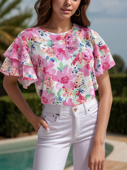 Full Size Floral Round Neck Flutter Sleeve Blouse
