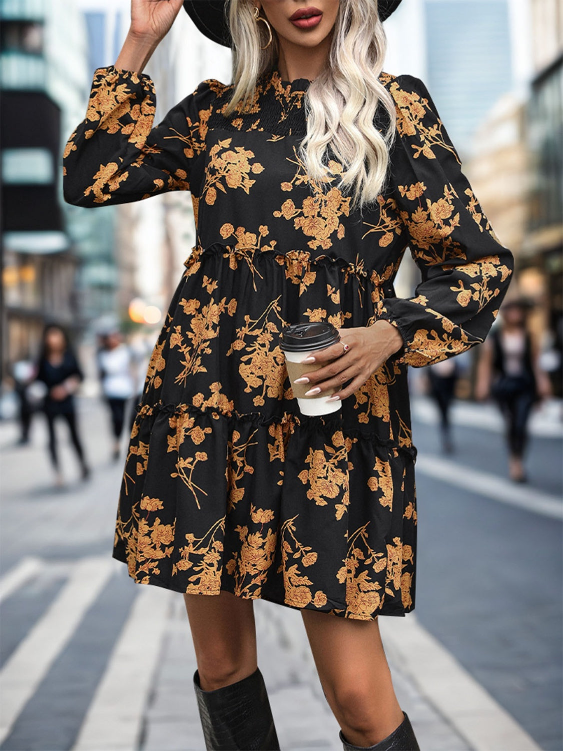 Perfee Frill Printed Long Sleeve Mini Dress