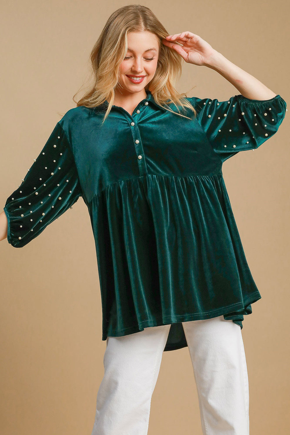Umgee Pearl Detail Half Sleeve Velvet Babydoll Blouse *