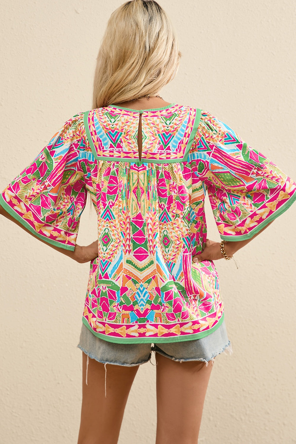 Full Size Printed Round Neck Half Sleeve Blouse