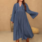 Plus Size Lace Detail Notched Long Sleeve Midi Dress