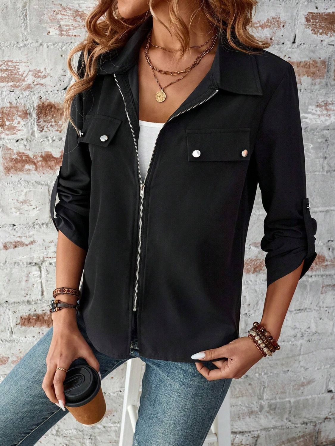 Zip Up Collared Neck Roll-Tab Sleeve Jacket