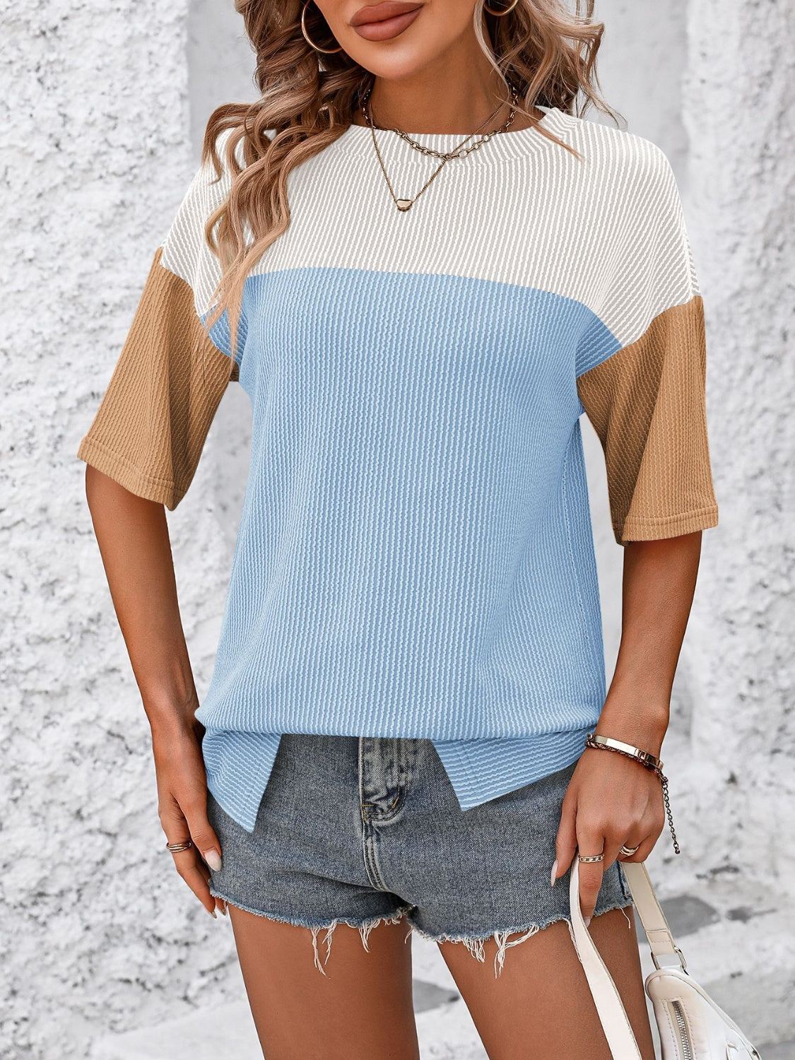 Full Size Color Block Round Neck Half Sleeve T-Shirt