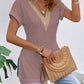 Slit Eyelet V-Neck Short Sleeve Blouse