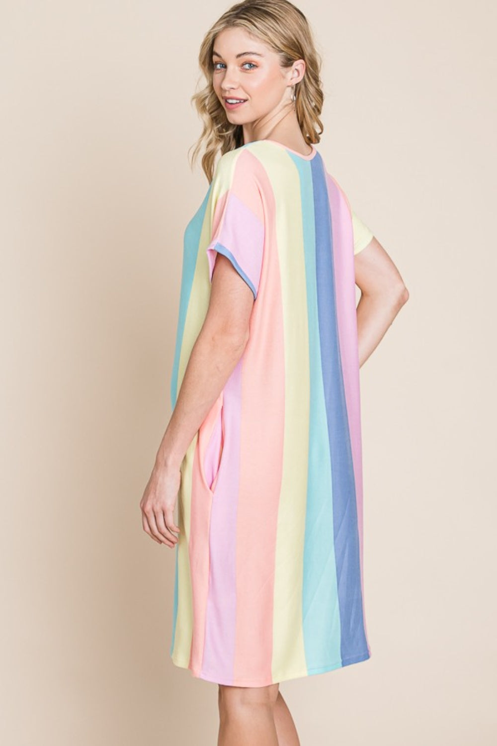 BOMBOM Striped Short Sleeve Dress with Pockets *