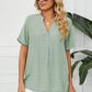 Full Size Side Slit Notched Neck Cuffed Short Sleeve Blouse