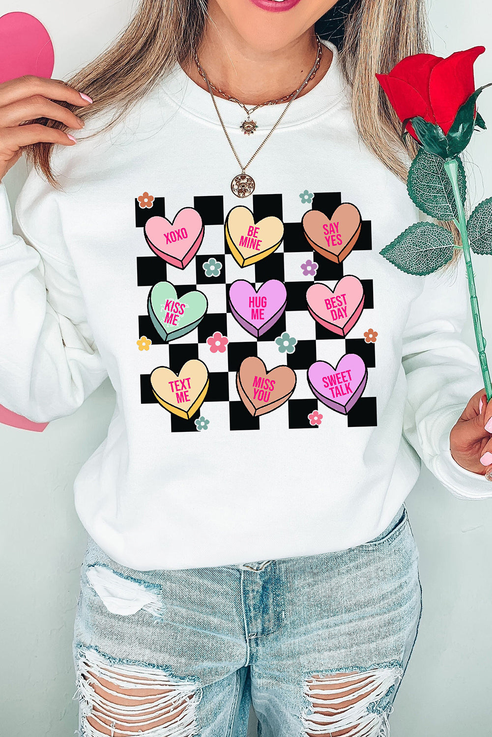 Valentine's Day White Checkered Heart Long Sleeve Sweatshirt