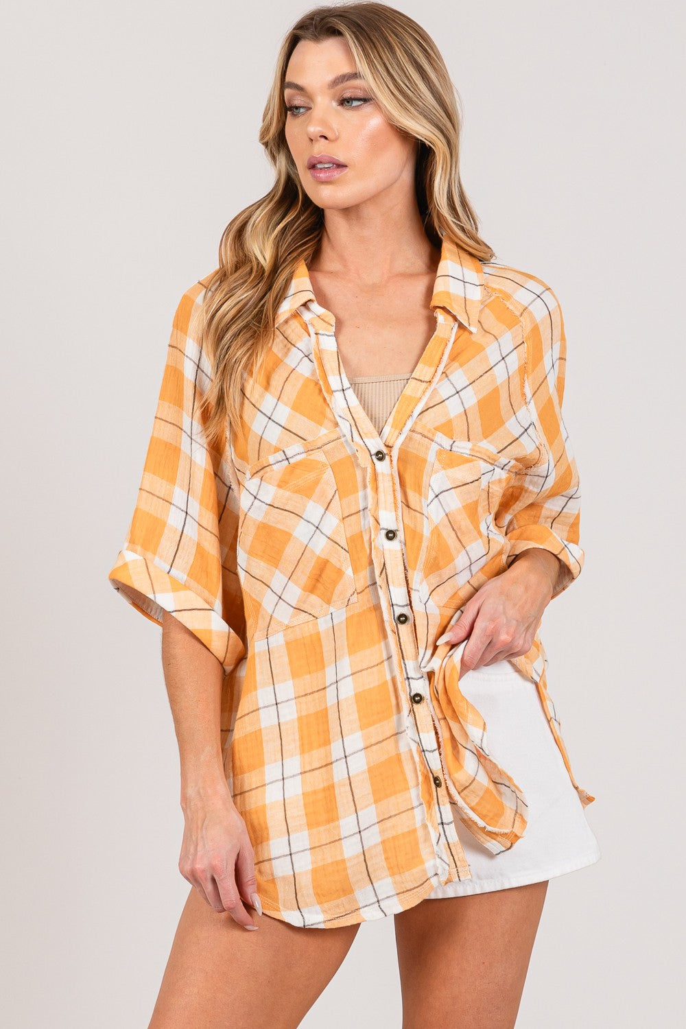 SAGE + FIG Plaid Apricot Button Up Side Slit Shirt