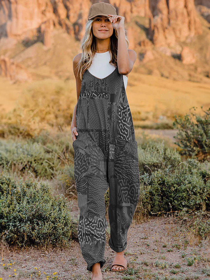 Double Take Full Size Printed V-Neck Sleeveless Jumpsuit