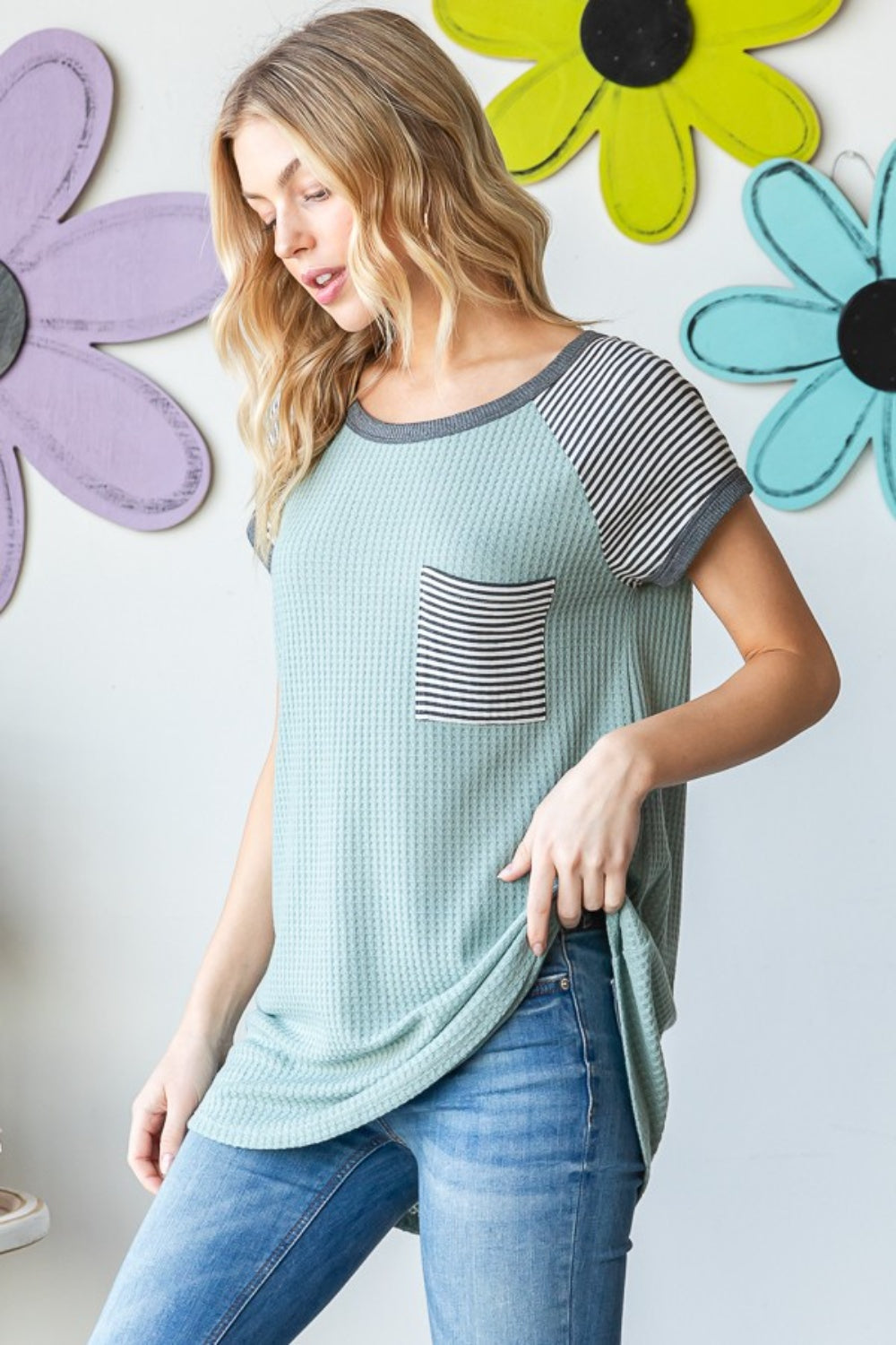 Heimish Full Size Striped Short Sleeve Waffle T-Shirt *