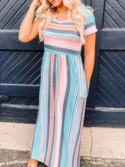 Full Size Striped Round Neck Short Sleeve Maxi Dress