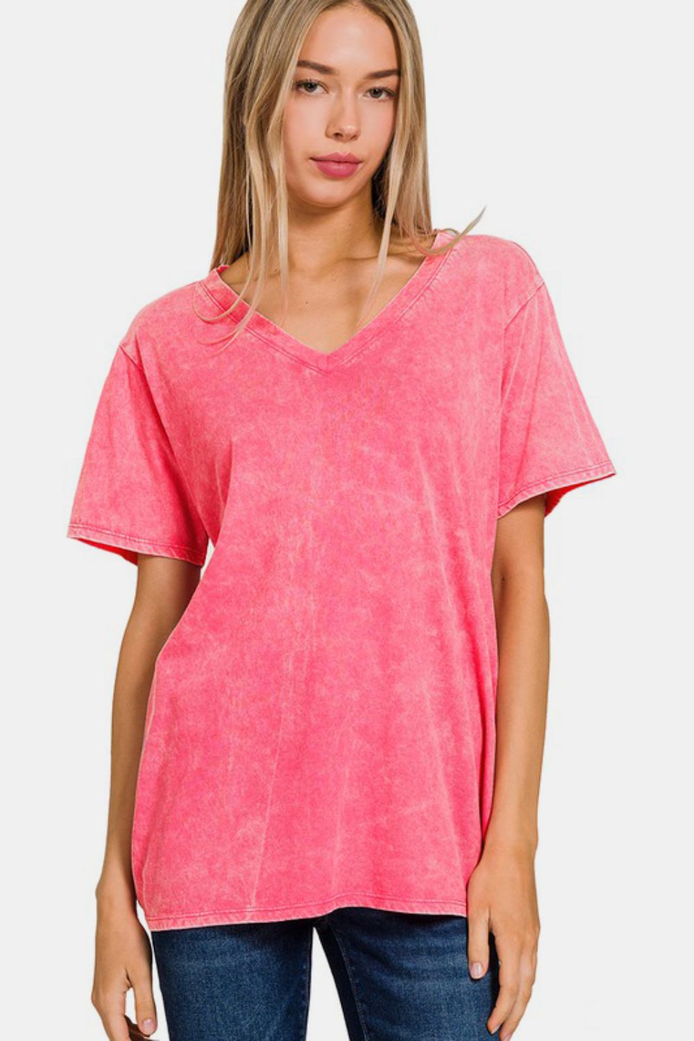 Zenana Full Size Washed Short Sleeve V-Neck T-Shirt *