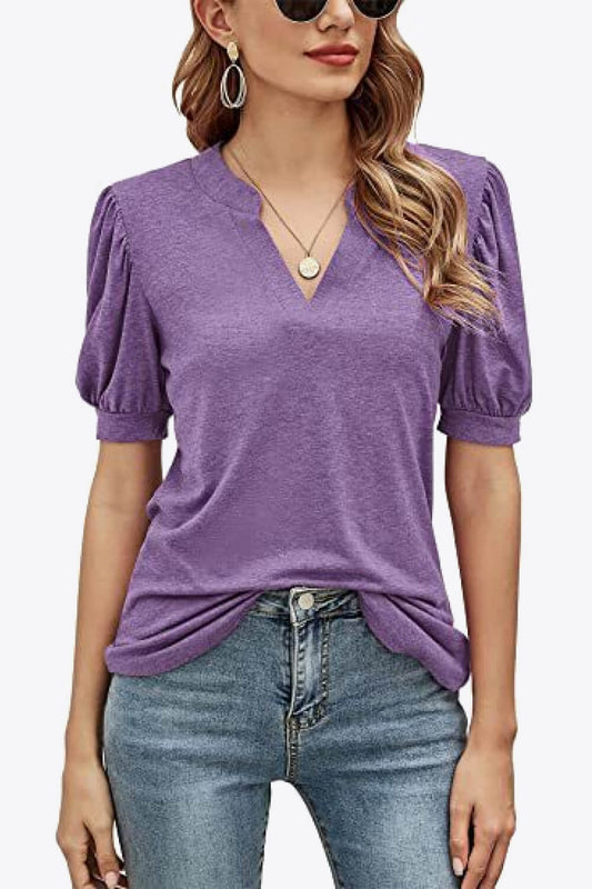 Notched Neck Puff Sleeve Tee