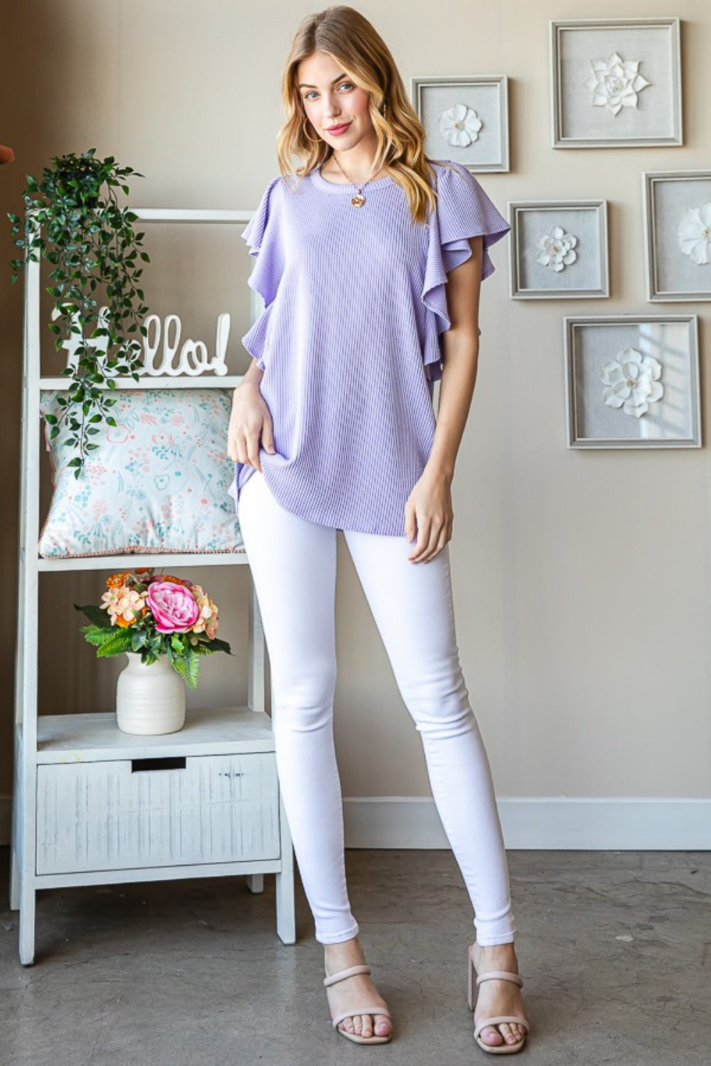 Heimish Full Size Ruffled Sleeve Ribbed Top *