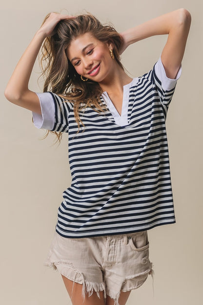 BiBi Contrast Striped Notched Knit Top - Brand BiBi