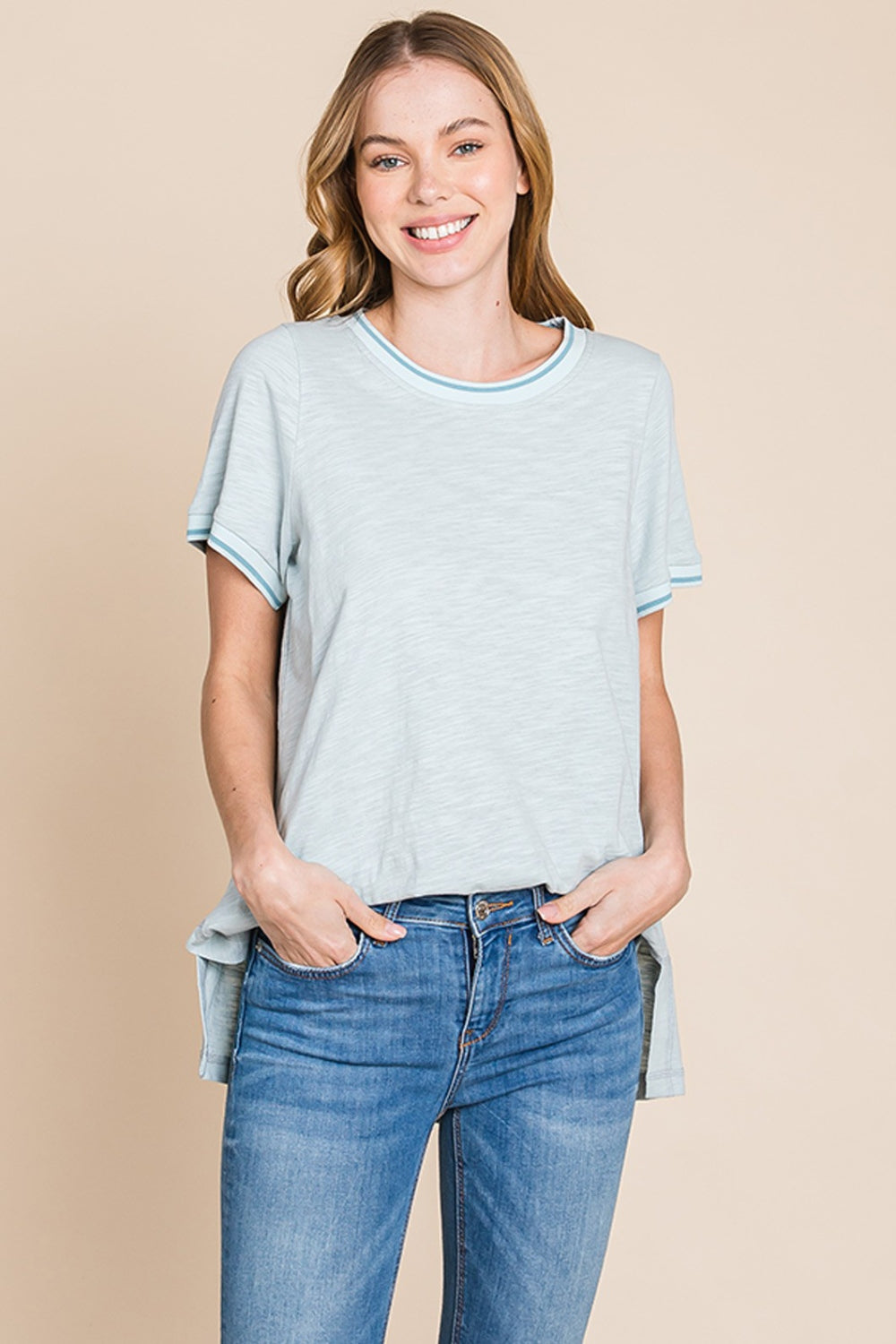 Cotton Bleu by Nu Lab Contrast Trim Short Sleeve Slit T-Shirt *
