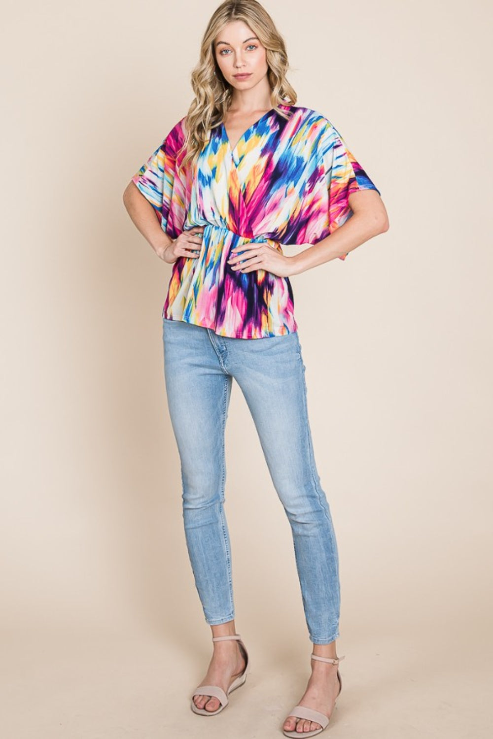 BOMBOM Printed Surplice Peplum Blouse *