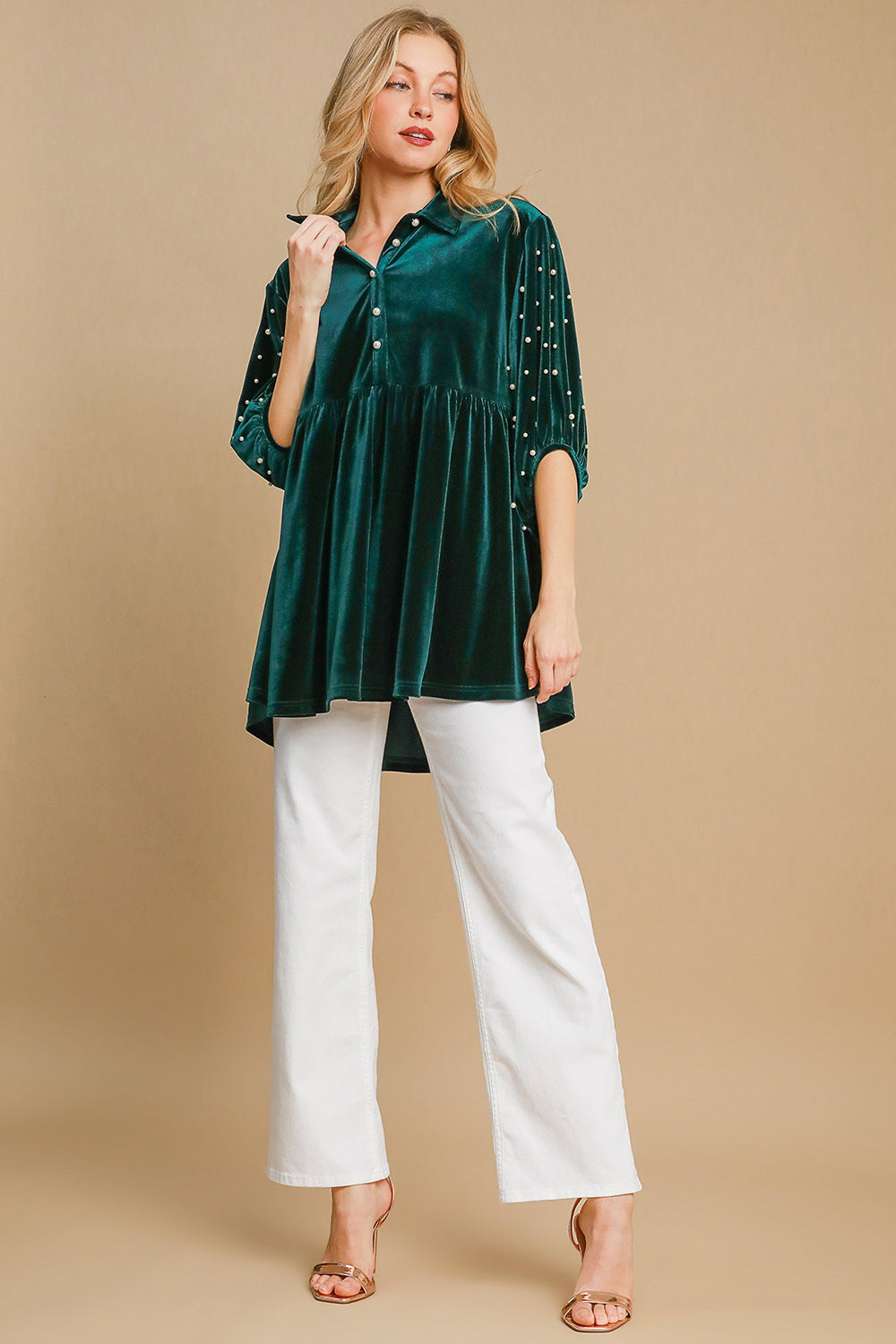 Umgee Pearl Detail Half Sleeve Velvet Babydoll Blouse *