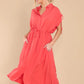 Drawstring Collared Neck Short Sleeve Midi Dress