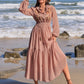Embroidered Polka Dot Tie Neck Long Sleeve Midi Dress