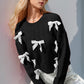 Double Take Full Size Bow Cable-Knit Round Neck Sweater