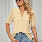 Eyelet Short Puff Sleeve Notched Neck Top