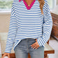 Lovelet Striped Johnny Collar Long Sleeve T-Shirt