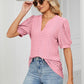 Eyelet Short Puff Sleeve Notched Neck Top