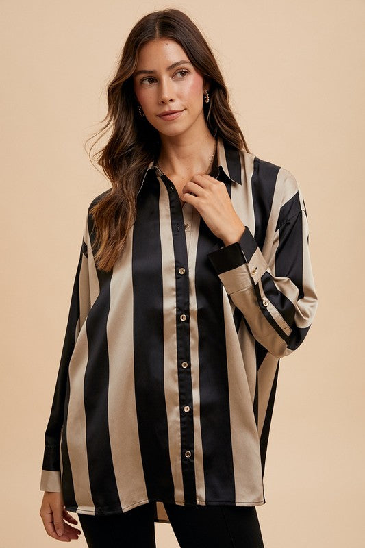 Annie Wear Striped Dropped Shoulder Button Up Shirt