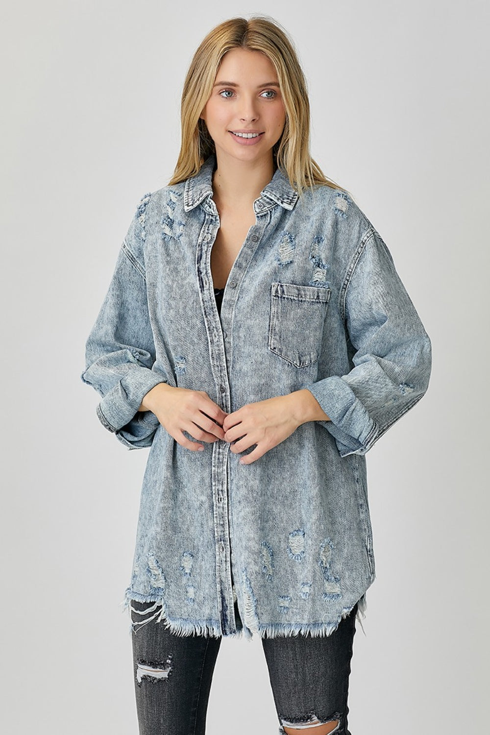 RISEN Distressed Raw Hem Denim Long Sleeve Shirt